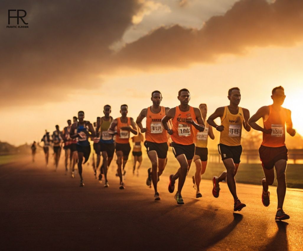 a image of a group of runners running long distance at the sunset time