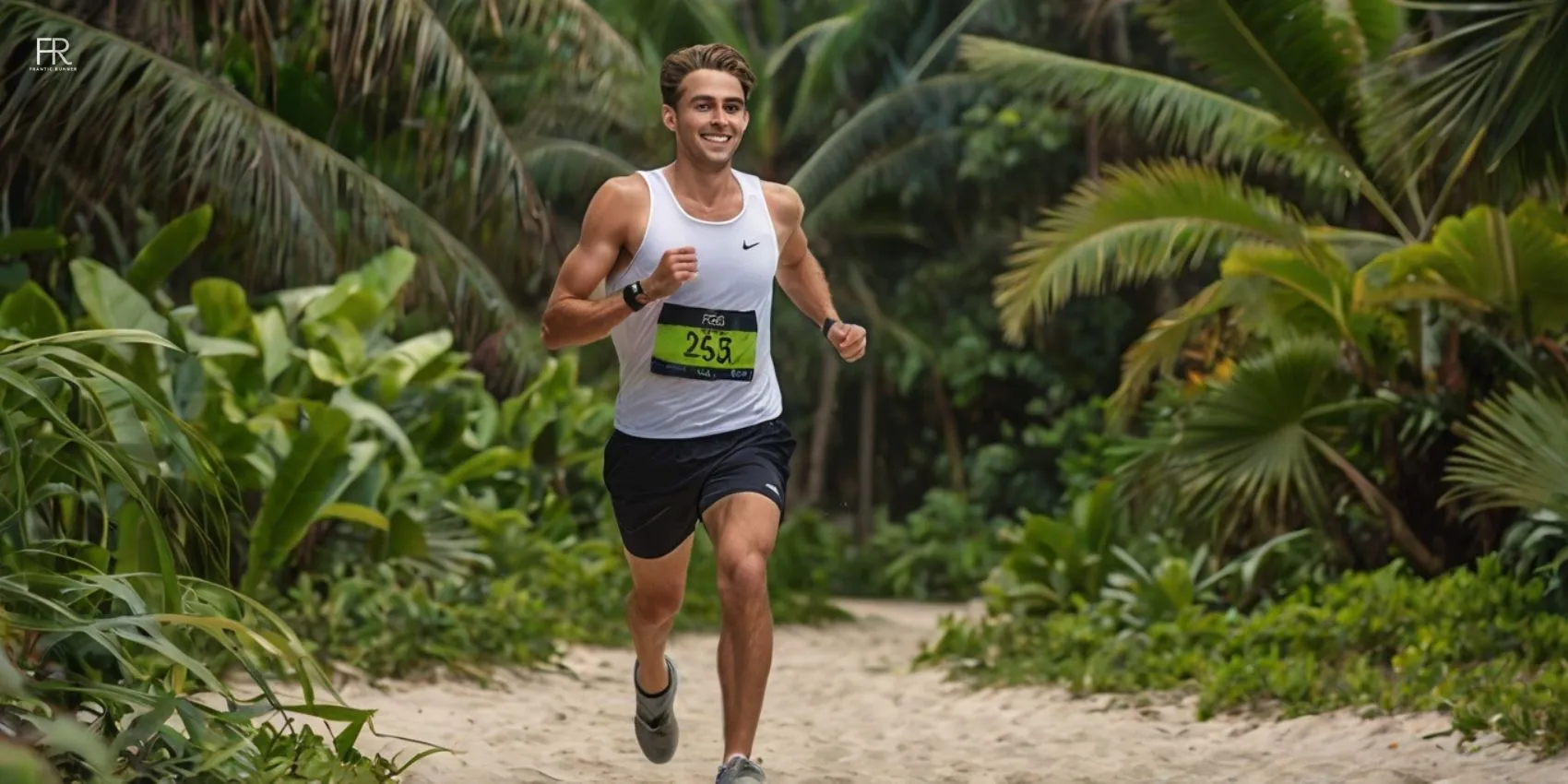 an image of a runner running in the sand with green forest in the forest while wearing tight running shorts