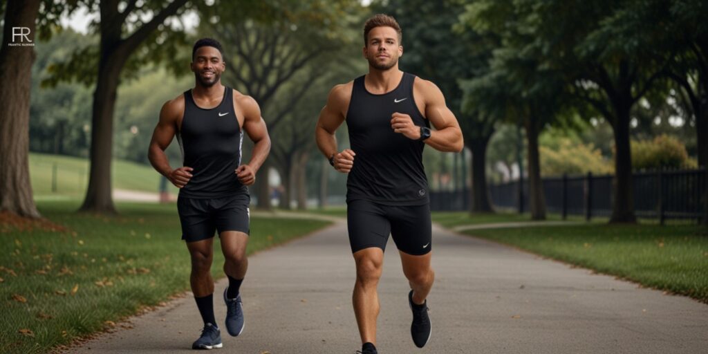 2 male men's running on the road while wearing short running tights