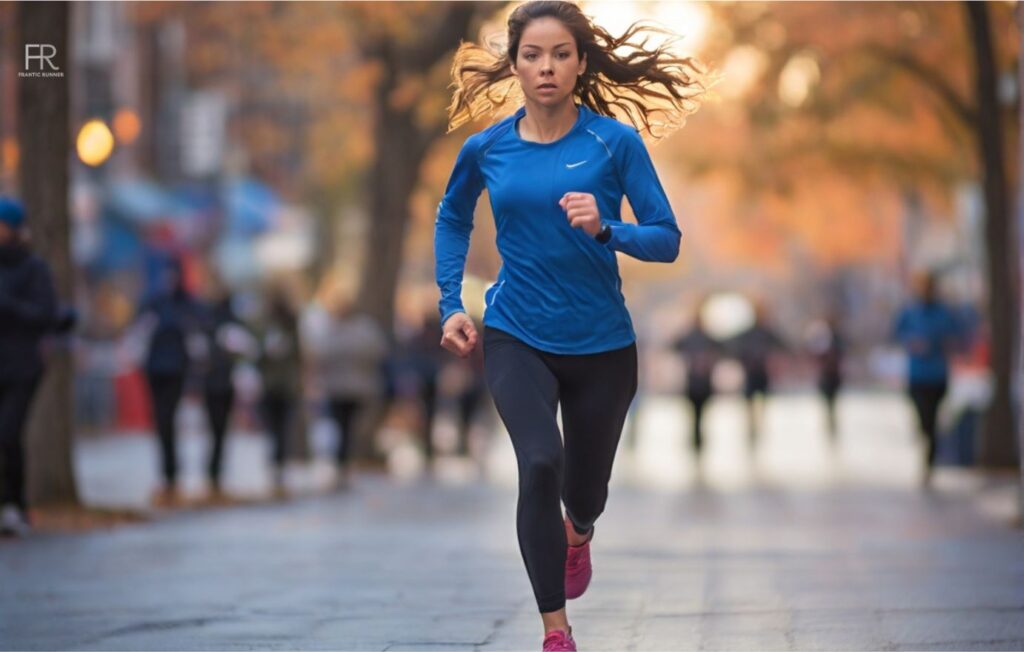 A female runner running on the sideway wearing running apparel and running shoes while training for a 100 mile run