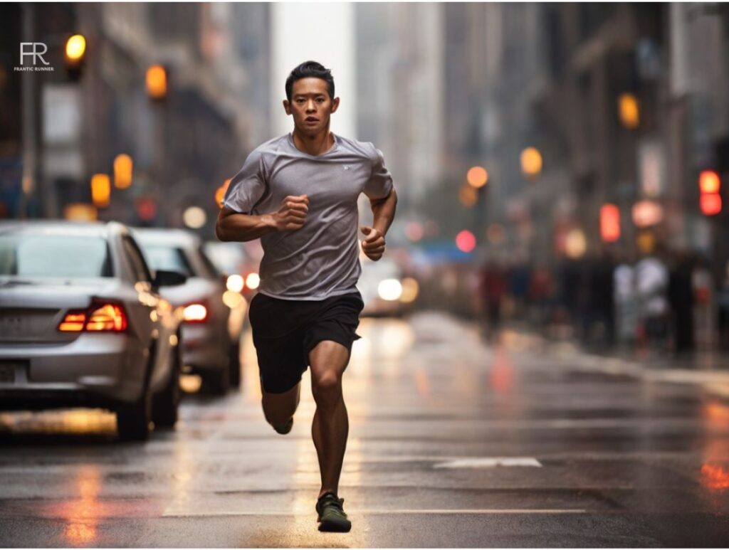 A male runner running on the sideway of the road against the traffic