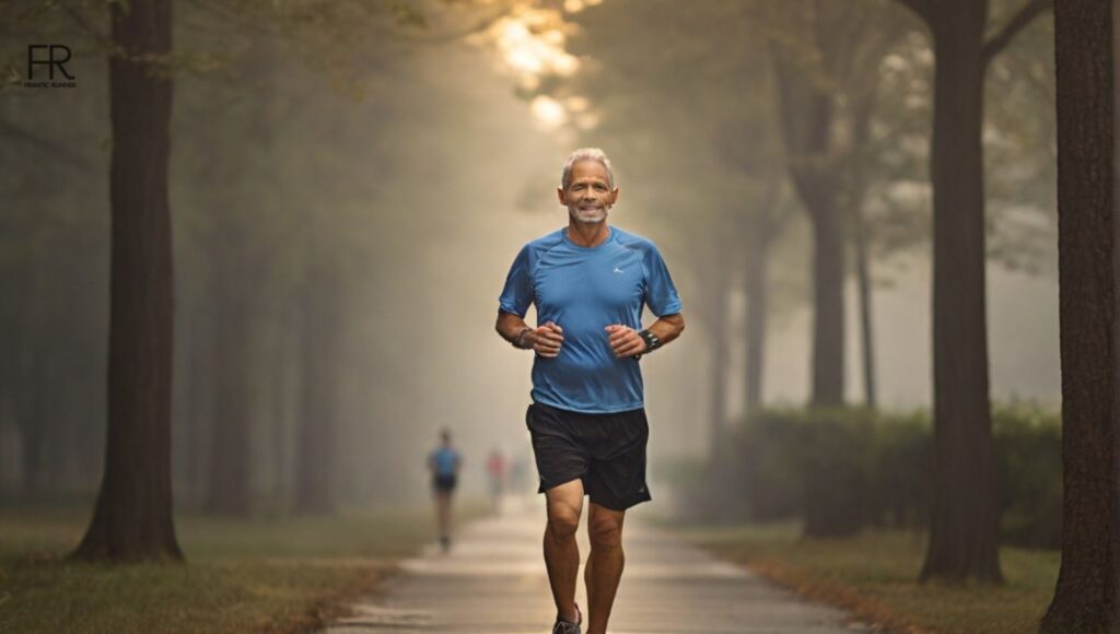 A middle age ex-smoker started running after quitting smoking, while looking satisfied with his healthy choices