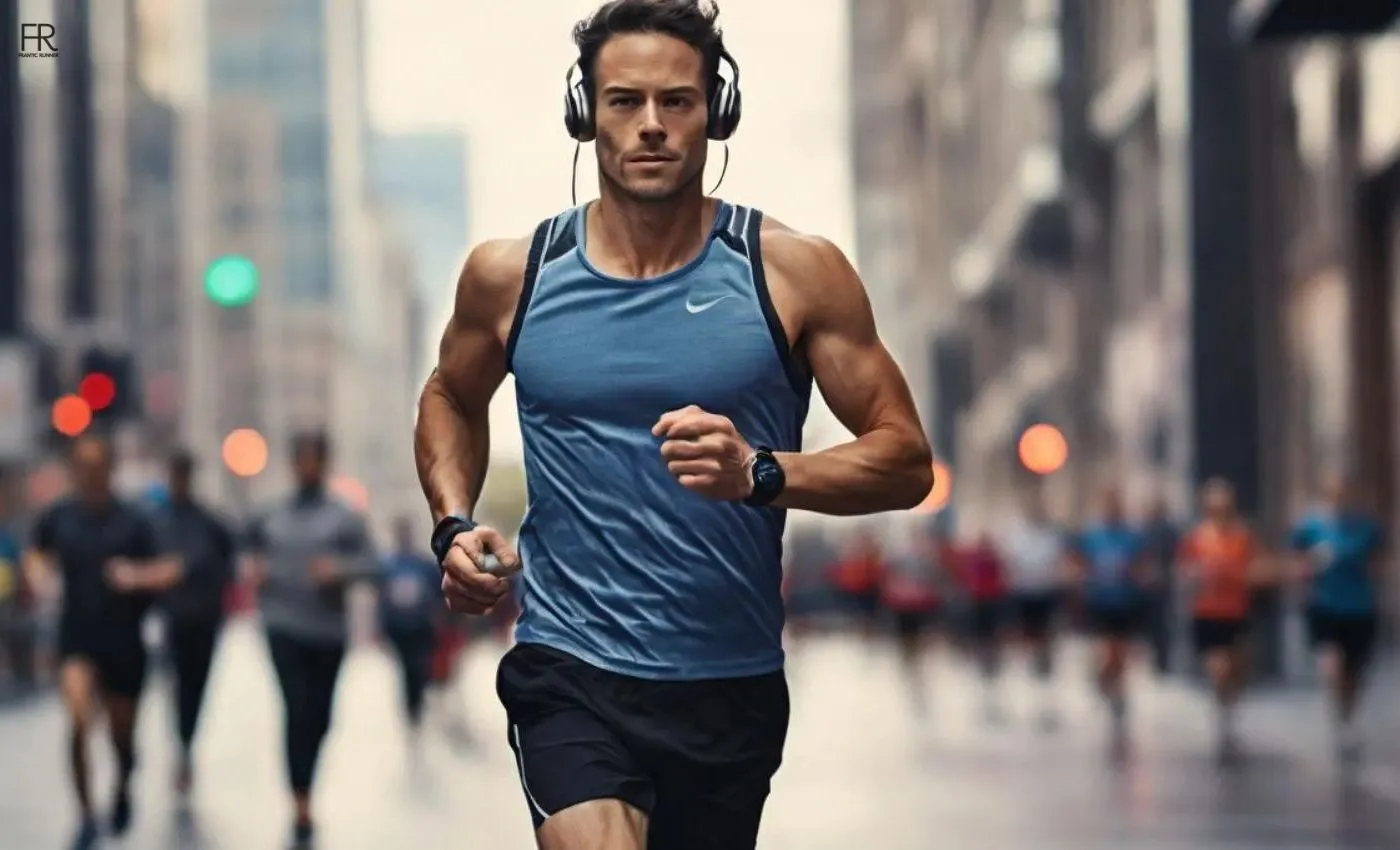 Male runner running on the road while listening to the music on his headphones