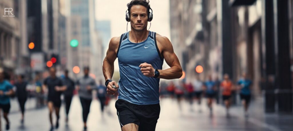 Male runner running on the road side listening to the music on his headphones