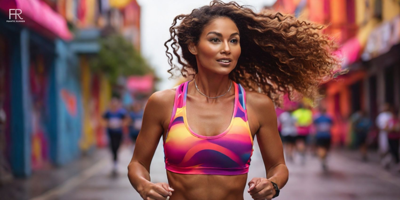 Woman wearing vibrant color running bra with pocket while running