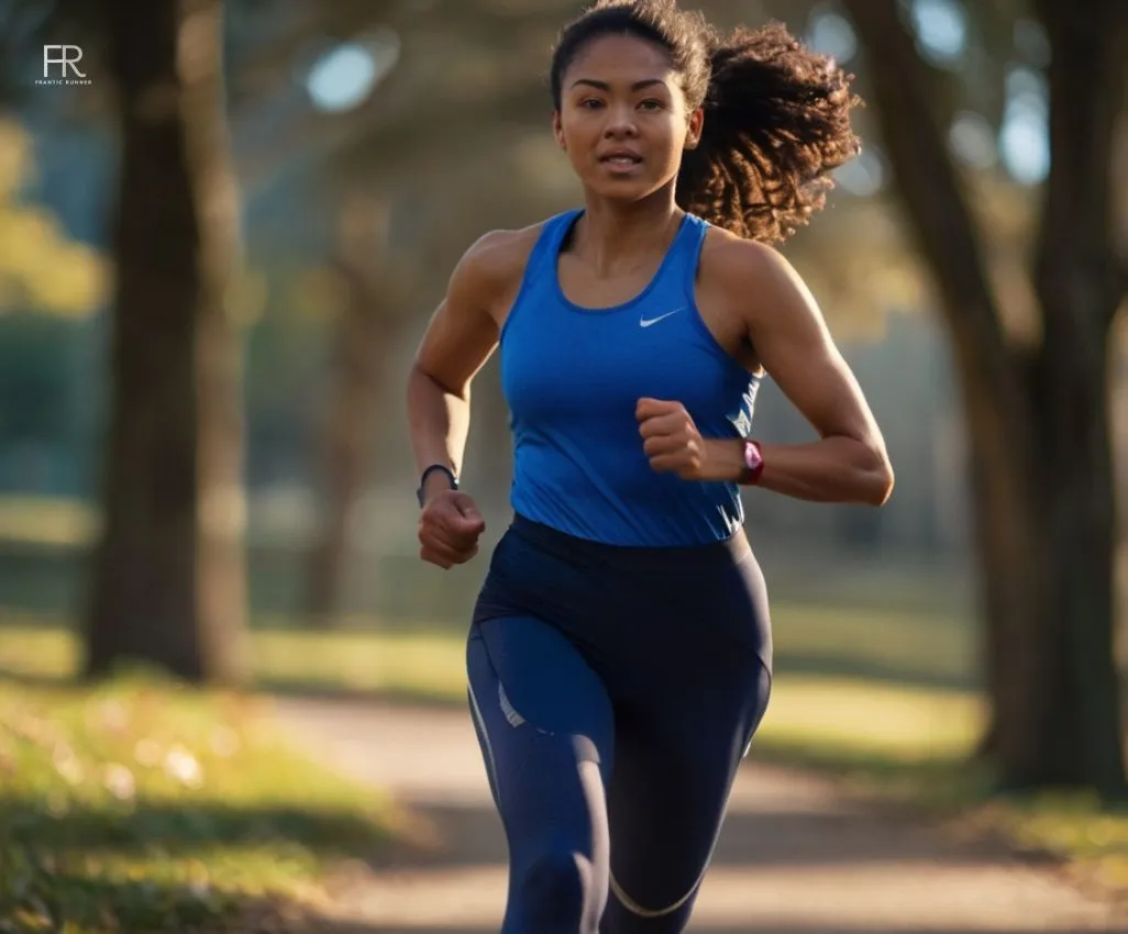 a close-up image of a female runner running happily in a park, wearing vibrant running shirt & gear while training for a 100-mile run