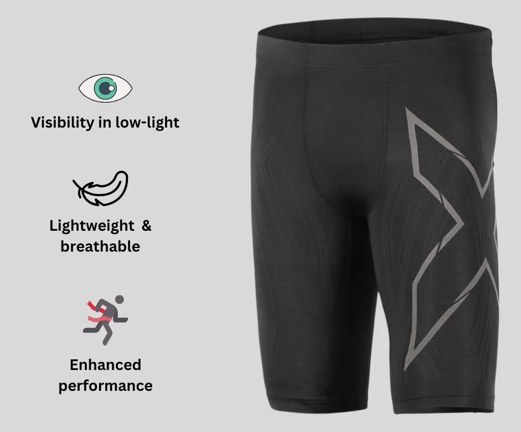 a product image of 2XU Men's Light Speed Compression Short alongside its main features