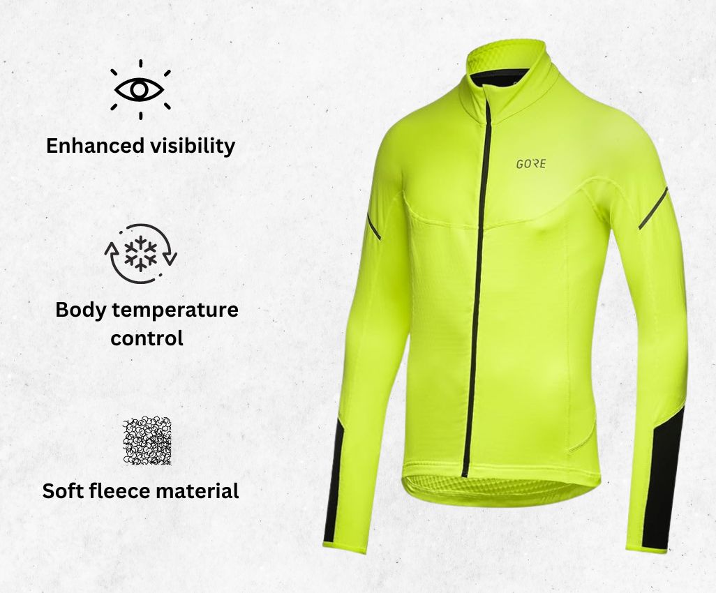 a product image of Gore Bike Wear Men's M Mid Long Sleeve Zip Shirt alongside its main features