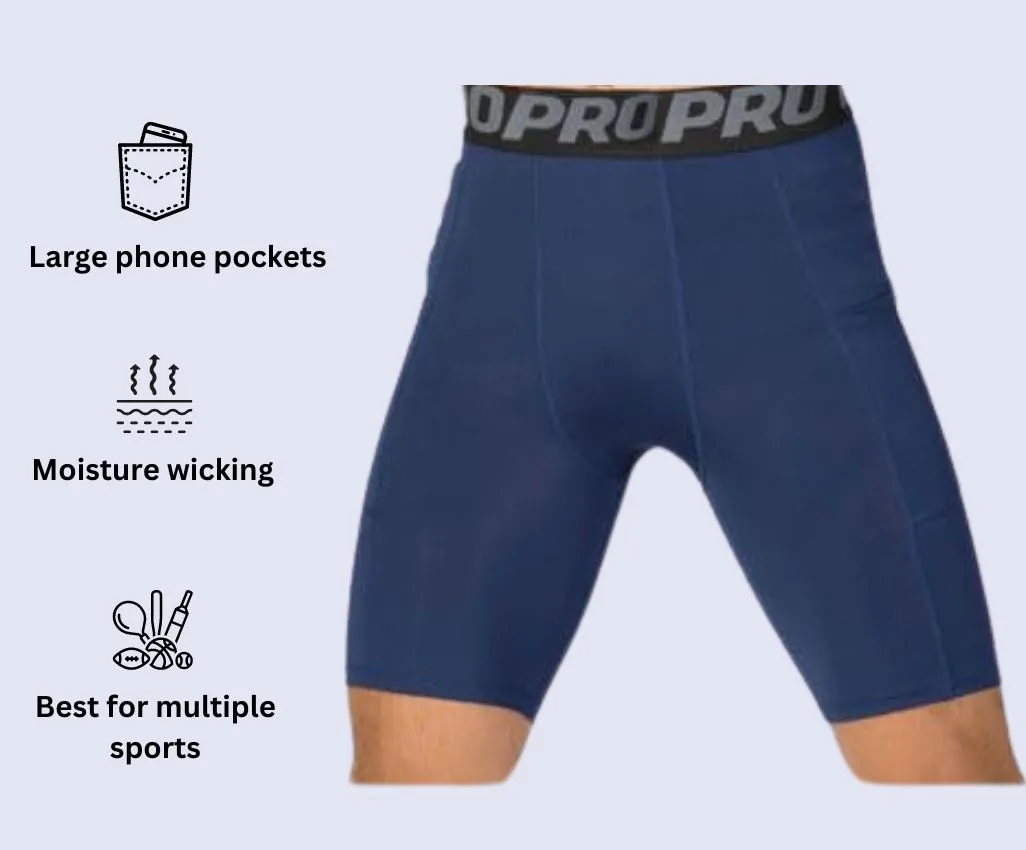 a product image of LANBAOSI Mens Compression Shorts alongside its main features