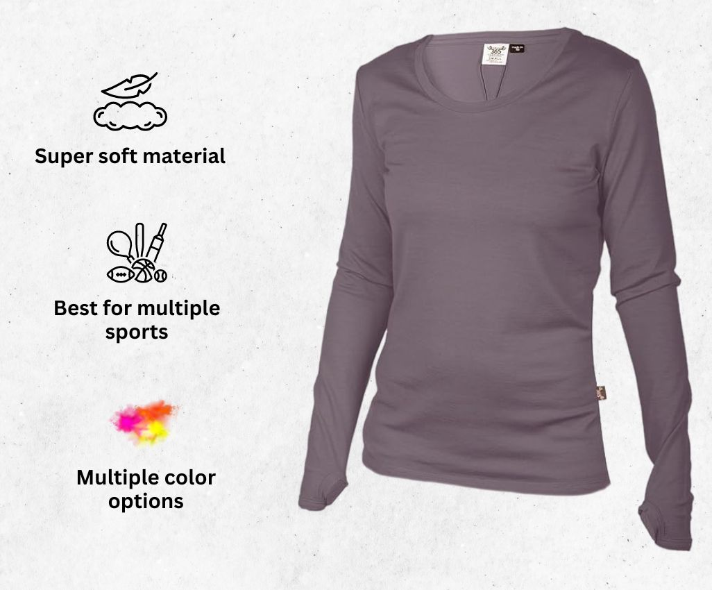 a product image of Merino 365 Women's 100% New Zealand Merino alongside its main features