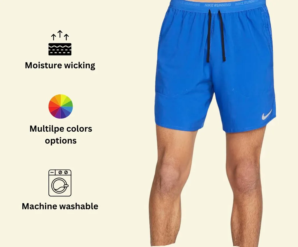 a product image of Nike Men's Dri-FIT 2-in-1 Stride Athletic Training Shorts alongside with its main features