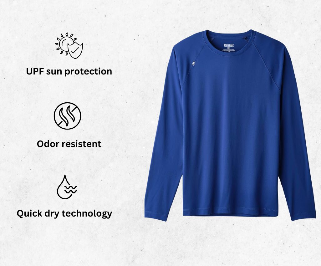 a product image of Rhone Reign Mens Long Sleeve Workout Shirts alongside its main features