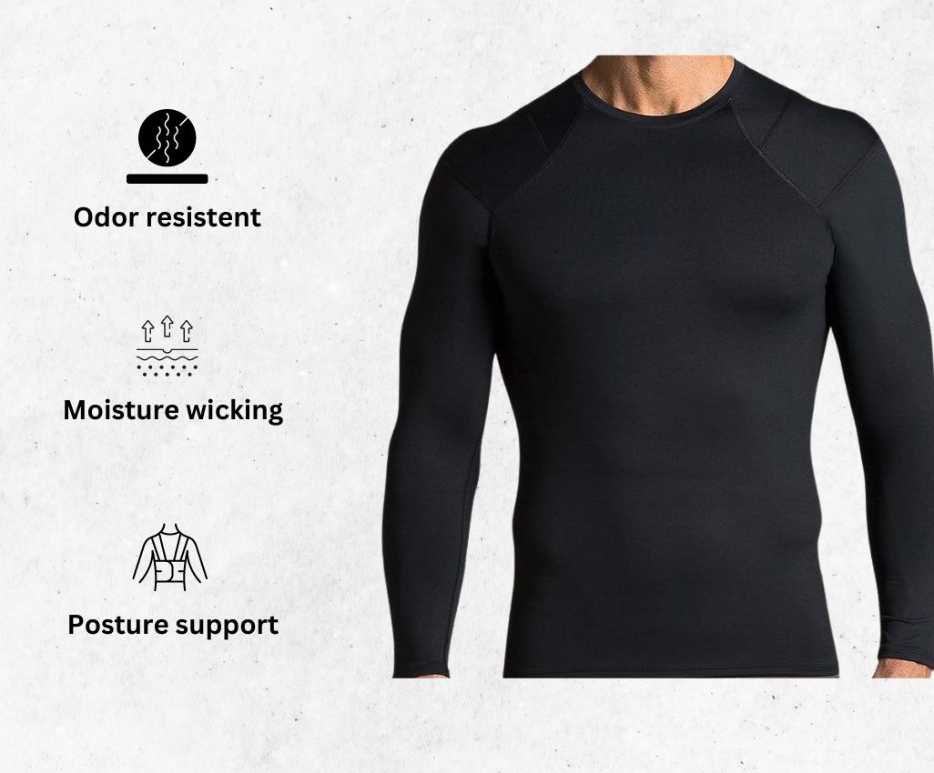 a product image of Tommie Copper Men's Pro-Grade Shoulder Support Shirt alongside its main features