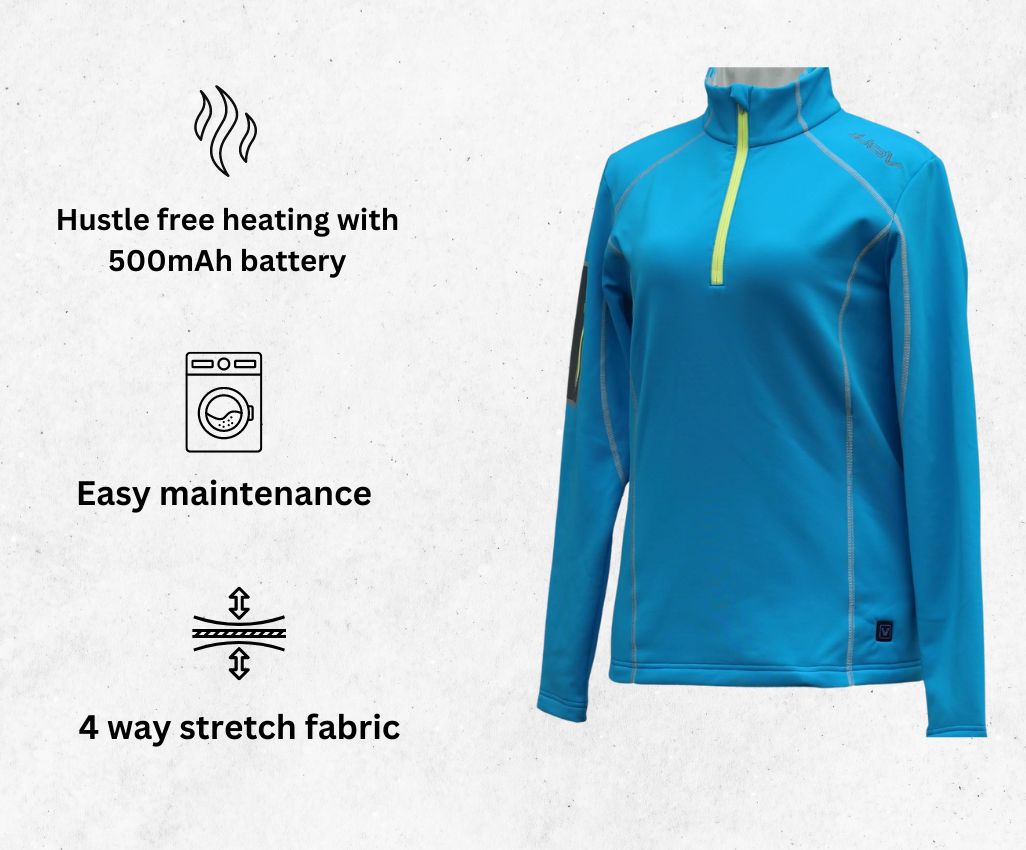 a product image of Volt Women's 5V Heated Thermal Half Zip Perfect alongside its main features