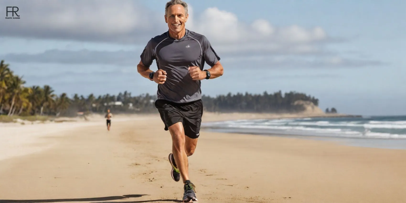 a runner in his 40s running on the beech side at the daytime