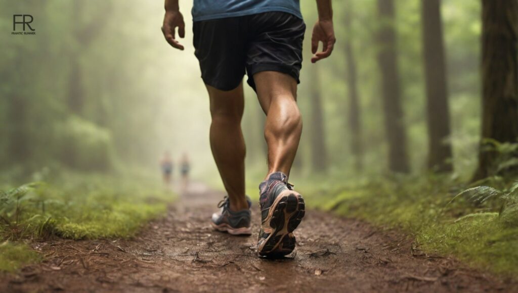 a closeup image of a runner walking through a muddy terrain, without socks