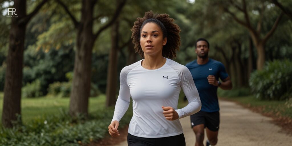 an image of 1 female & 1 male runner running while wearing long sleeve running shirts