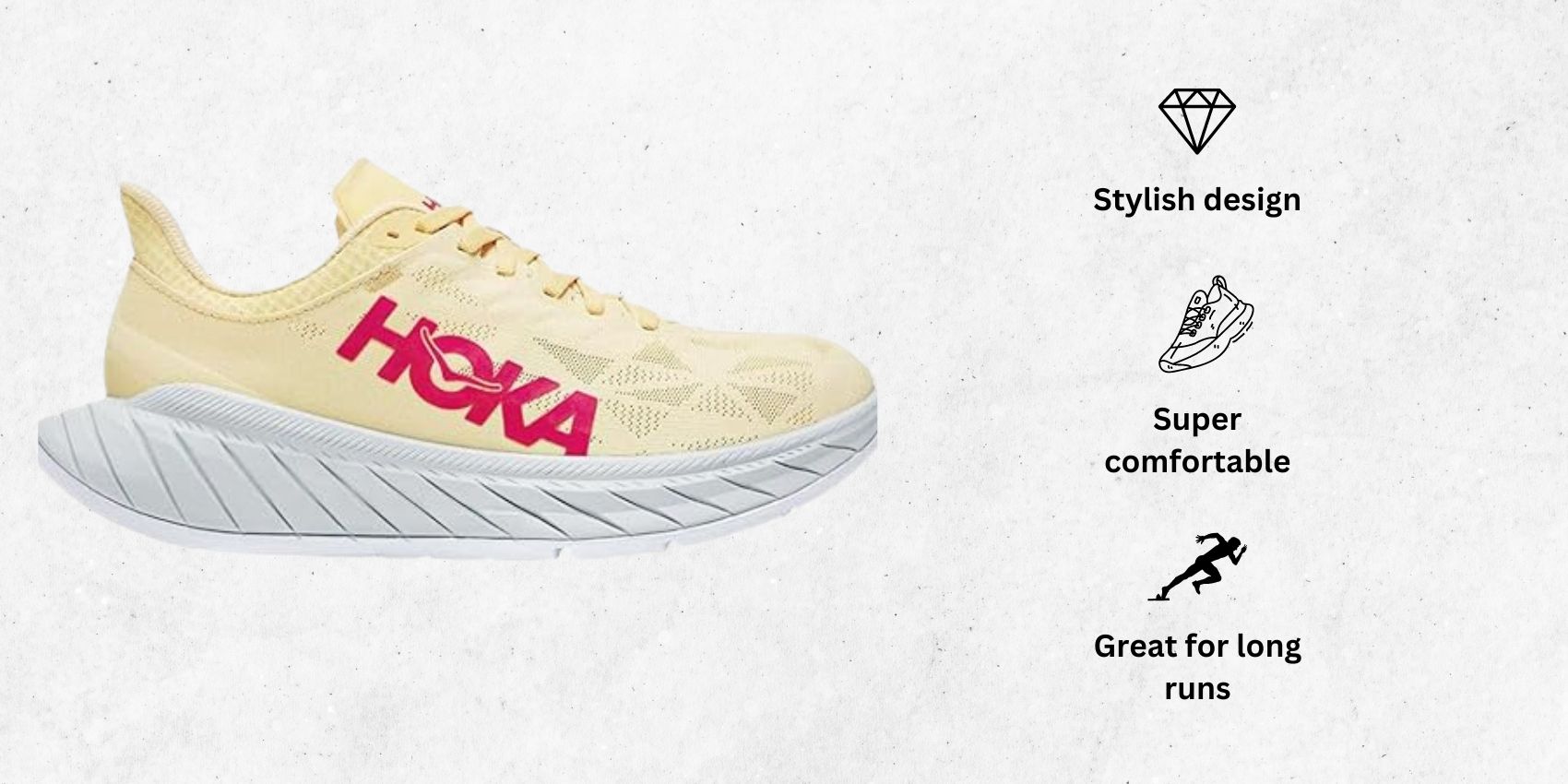 an image of HOKA ONE Carbon X 2 Womens Shoes, Hot CoralBlack Iris alongside its main features