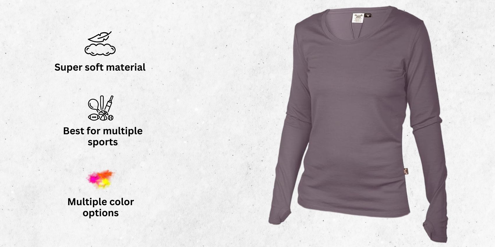 an image of Merino 365 Women's 100% New Zealand Merino alongside its main features