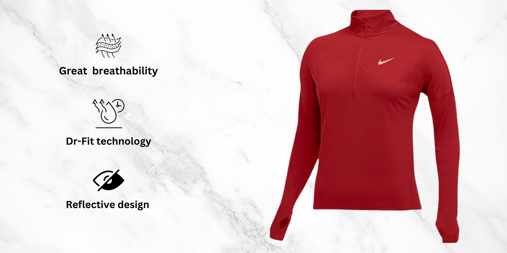 an image of NIKE Womens Dry Element 12 Zip Running Top alongside its main features