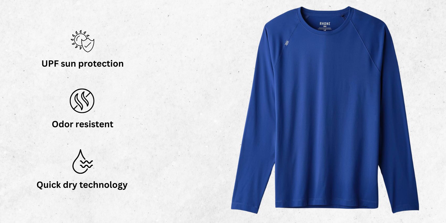 an image of Rhone Reign Mens Long Sleeve Workout Shirts alongside its main features