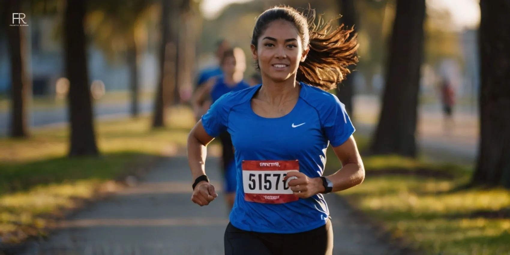 an image of a female runner running happily in a park, wearing vibrant running shirt & gear while training for a 100-mile run