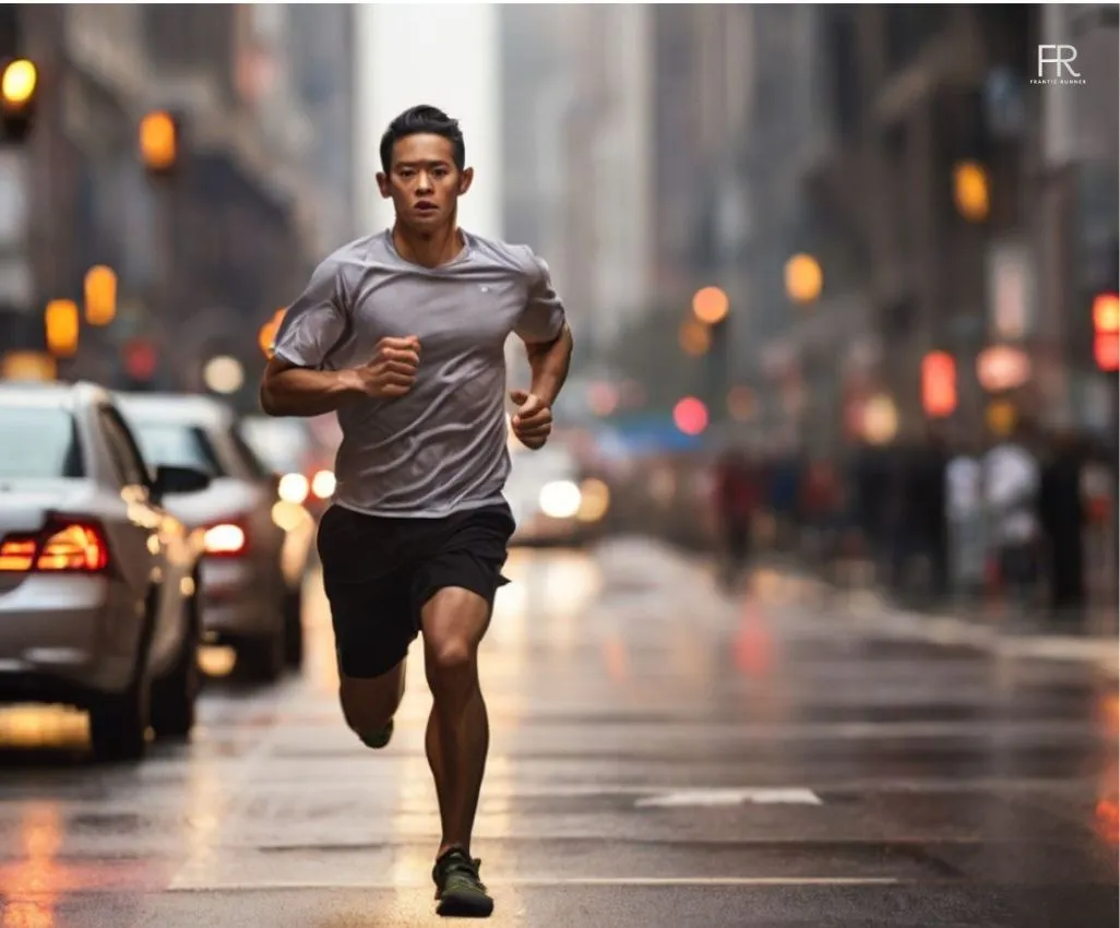 an image of a male runner running against the traffic