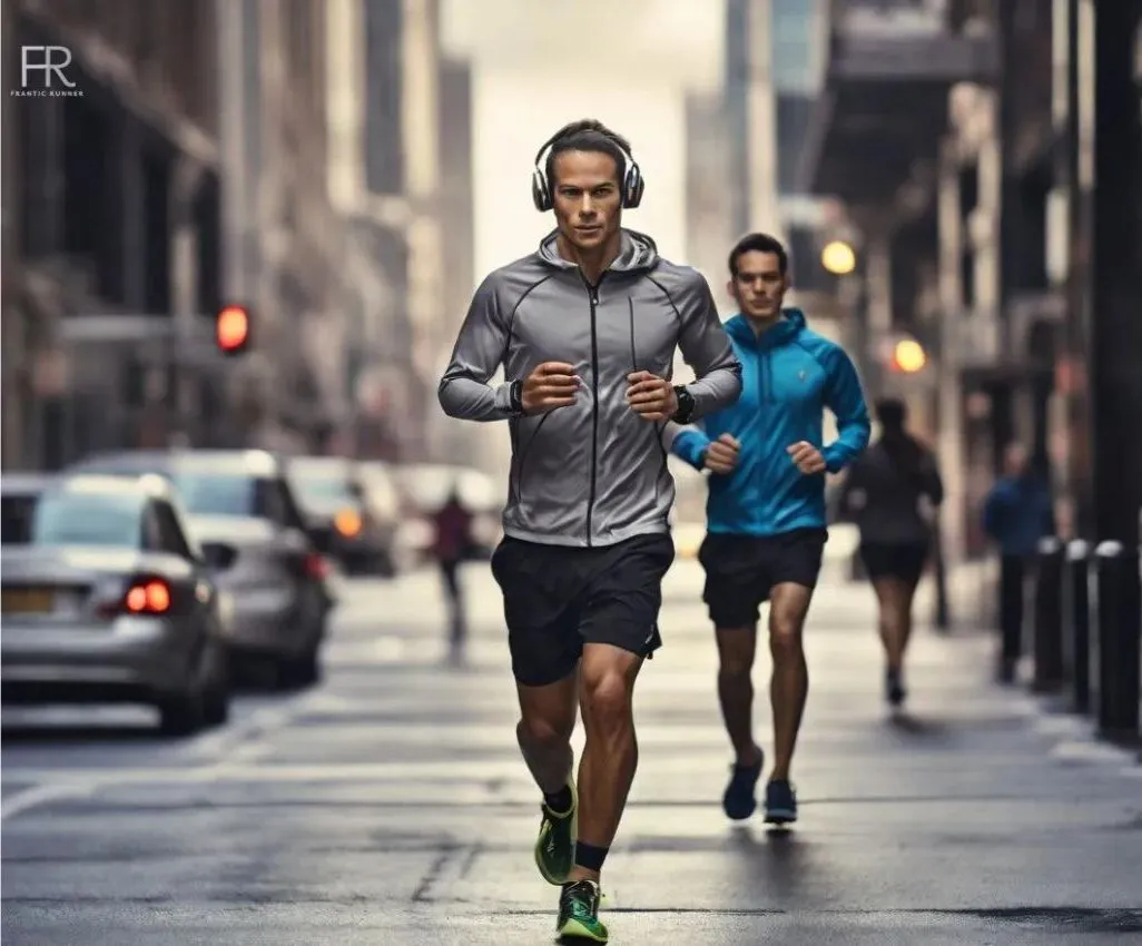 an image of a male runner running on the road while listening to the music on his headphones