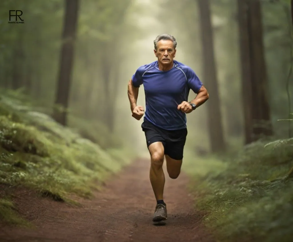 an image of a runner in his 40s running in the green forrest