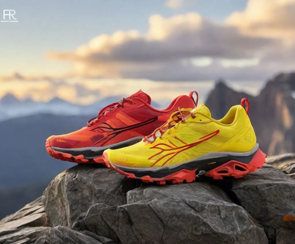 an-image-of-two-vibrant-ugly-running-shoes-one-in-yellow-other-in-red-color-laying-on-the-top-of-the-rocky-mountain