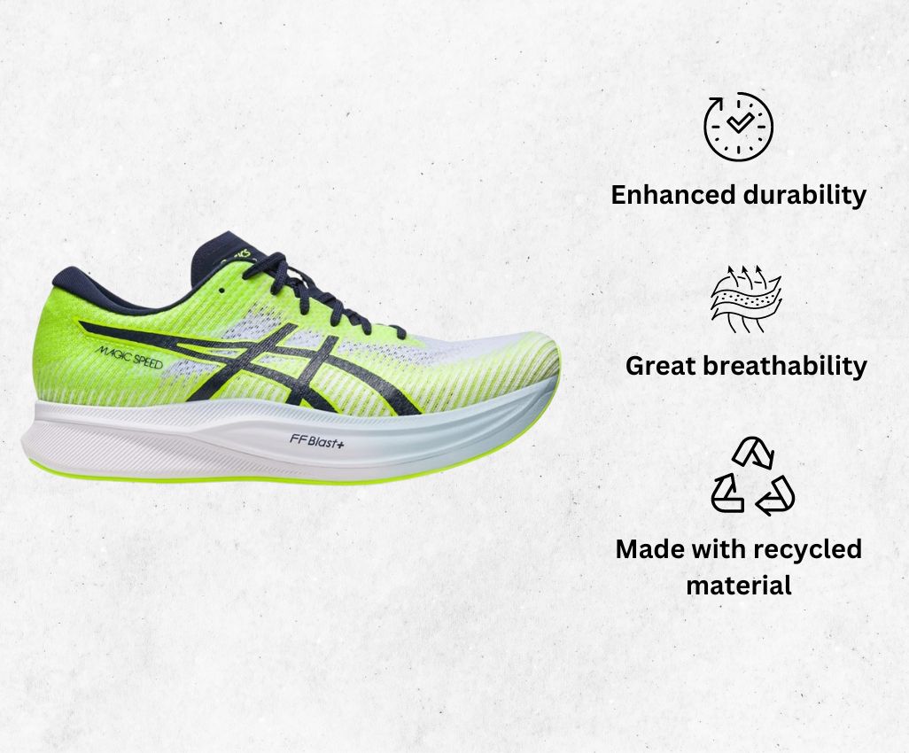 an product image of ASICS Men's Magic Speed 2 Running Shoes alongside its main features