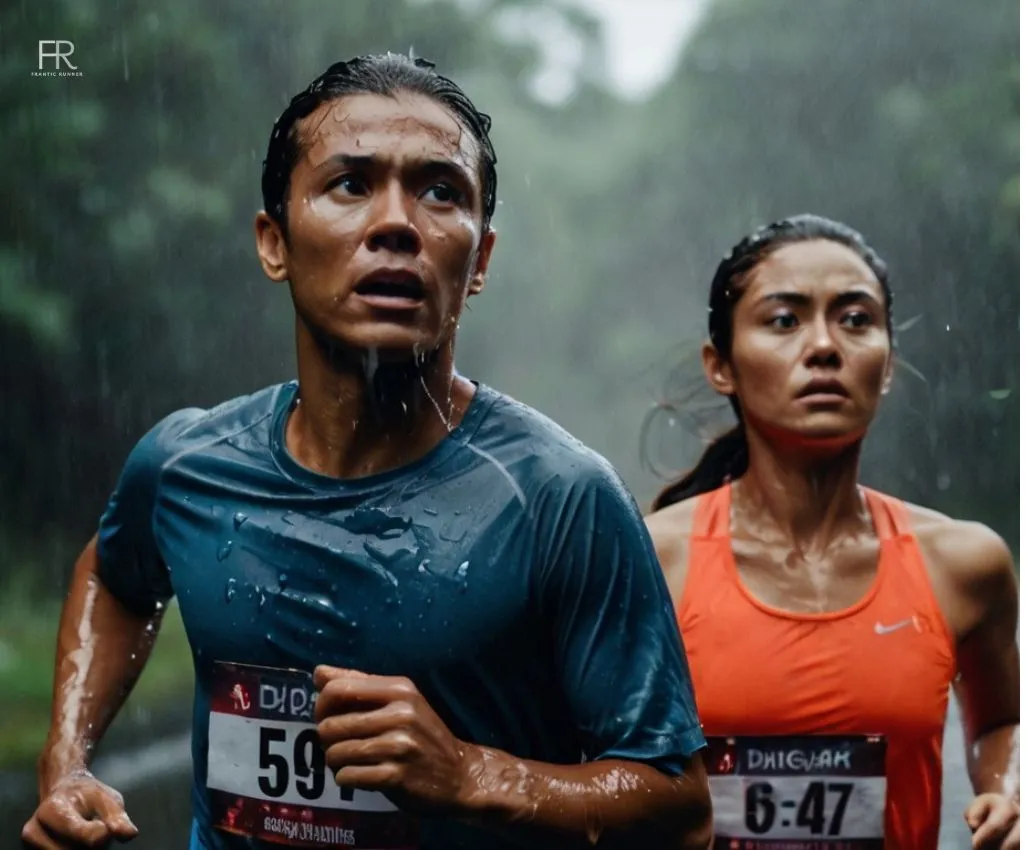 a close-up image of a male & 1 female runner running on the road, sweating heavily while wearing 1 of 11 running shirts for heavy sweaters