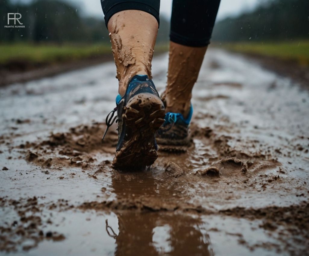 a close-up image of a runner running wearing shoes for mud runs