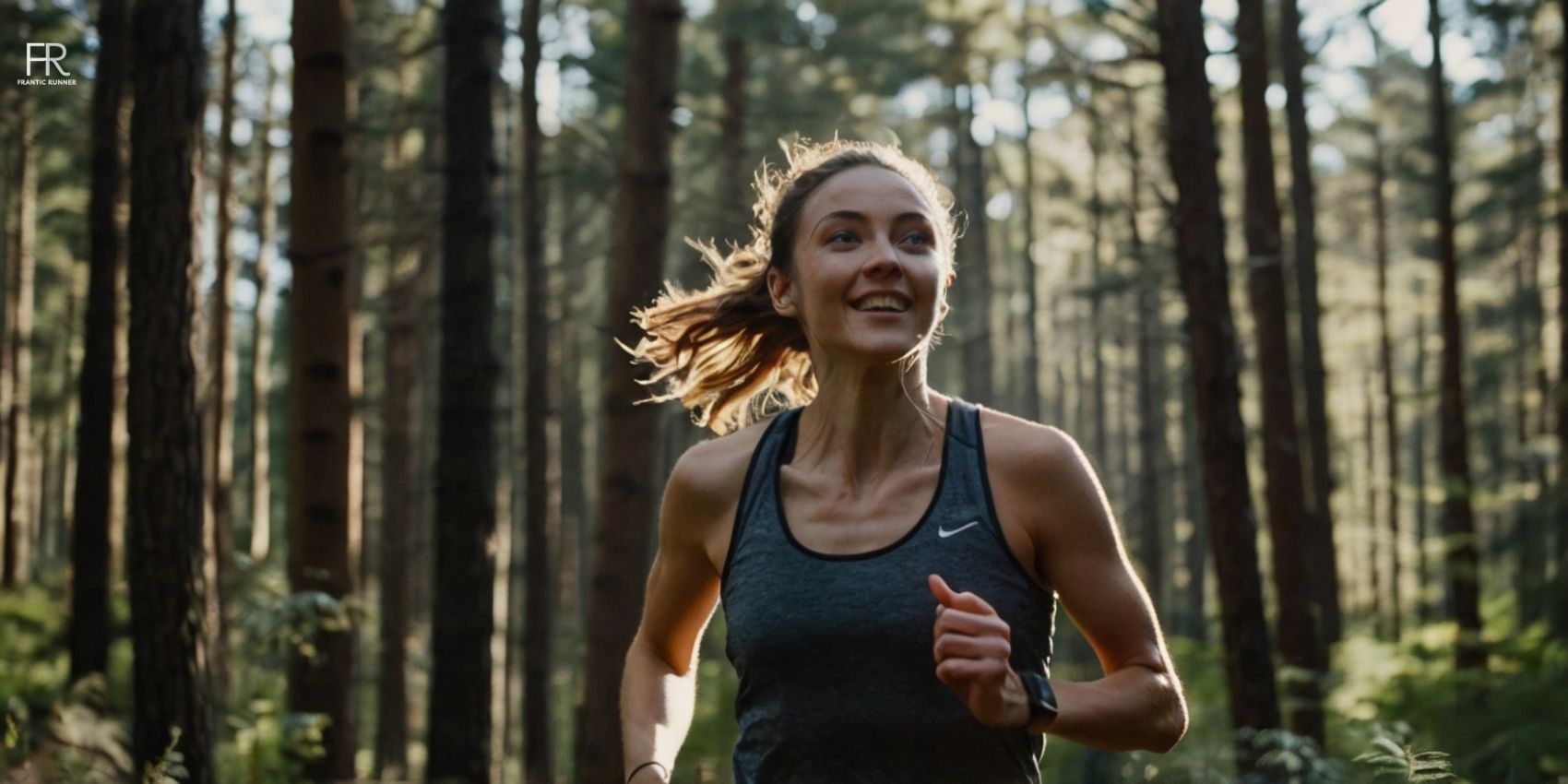 a female runner running in the forest while training for a 7 mile long run