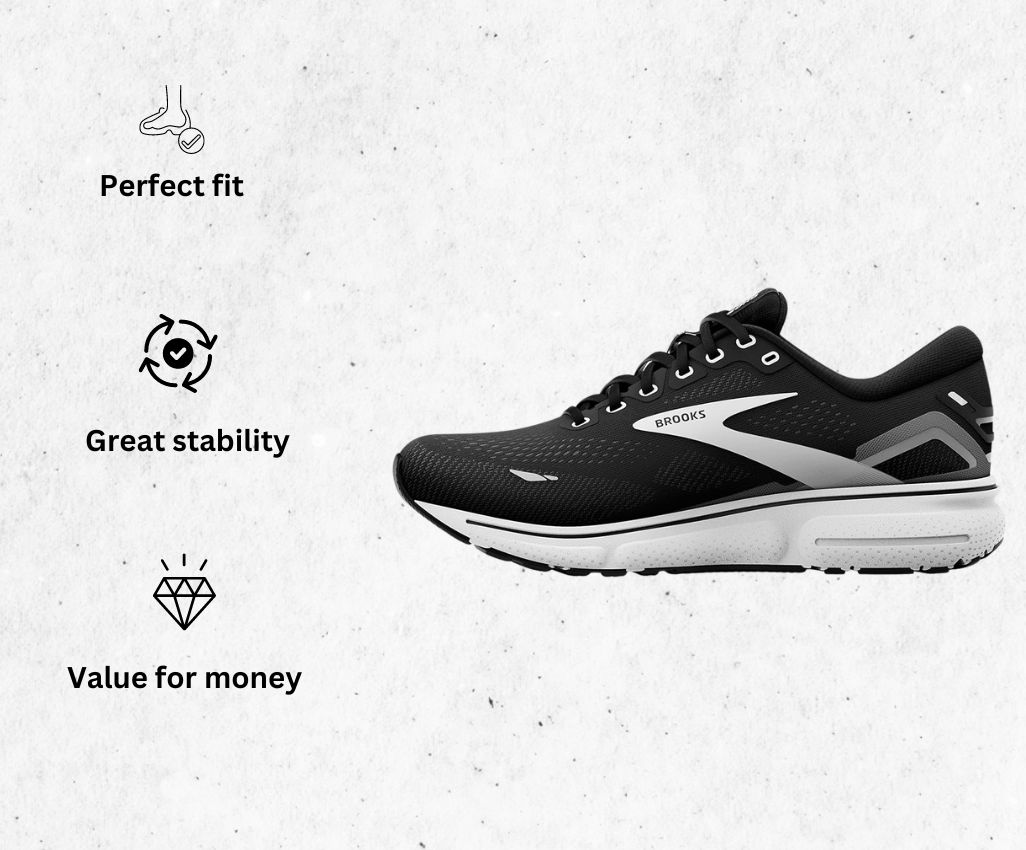 a product image of Brooks Women's Ghost 15 Neutral Running Shoe for narrow feet alongside its main features