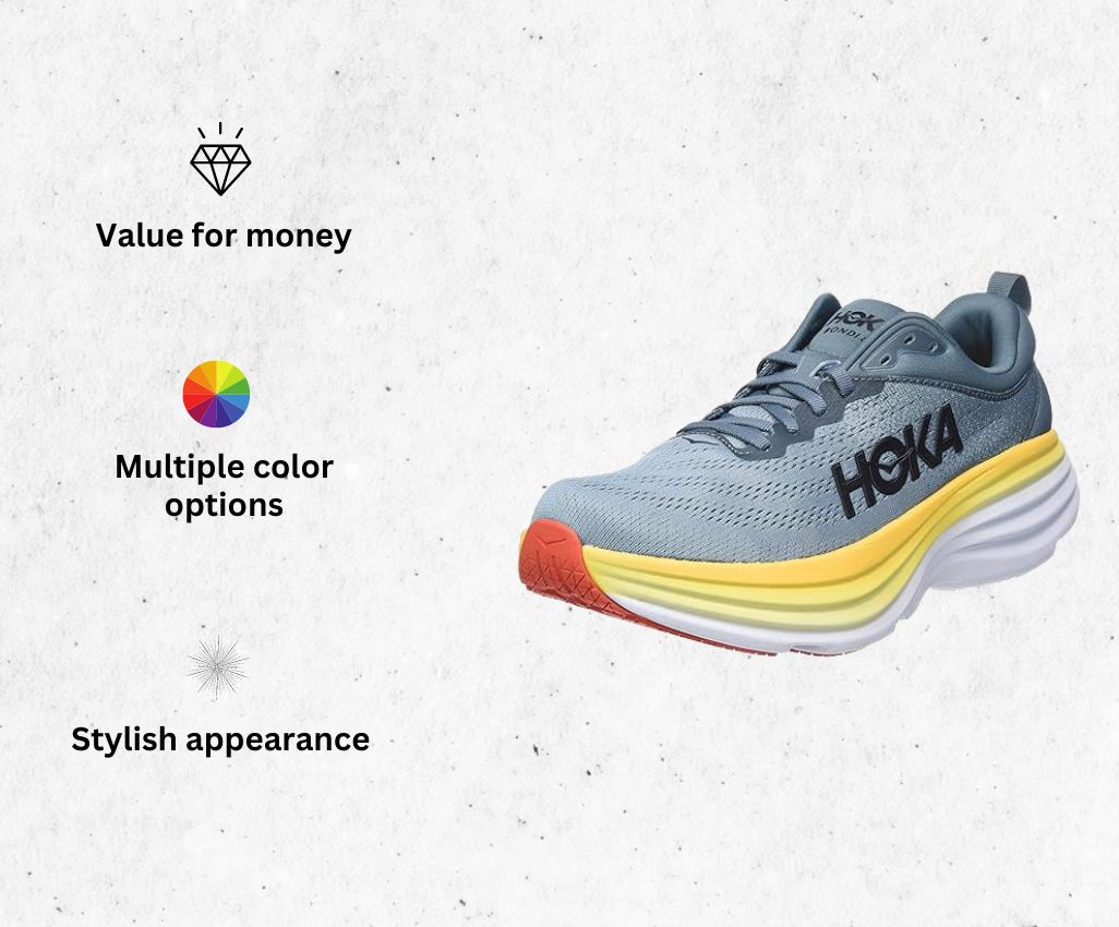 a product image of HOKA ONE ONE Men's Low-top running shoes for morton's neuroma alongside its main features