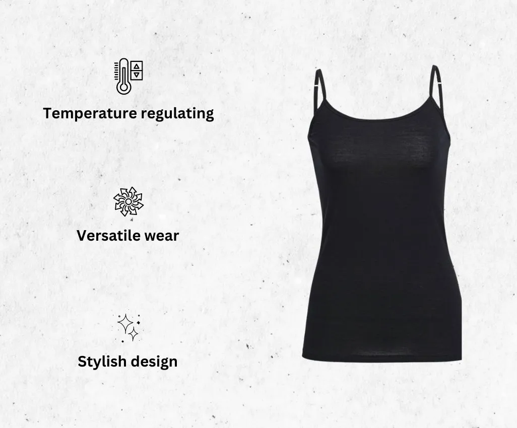 a product image of Icebreaker Merino Women's Siren Cami running shirt for heavy sweaters alongside its main features