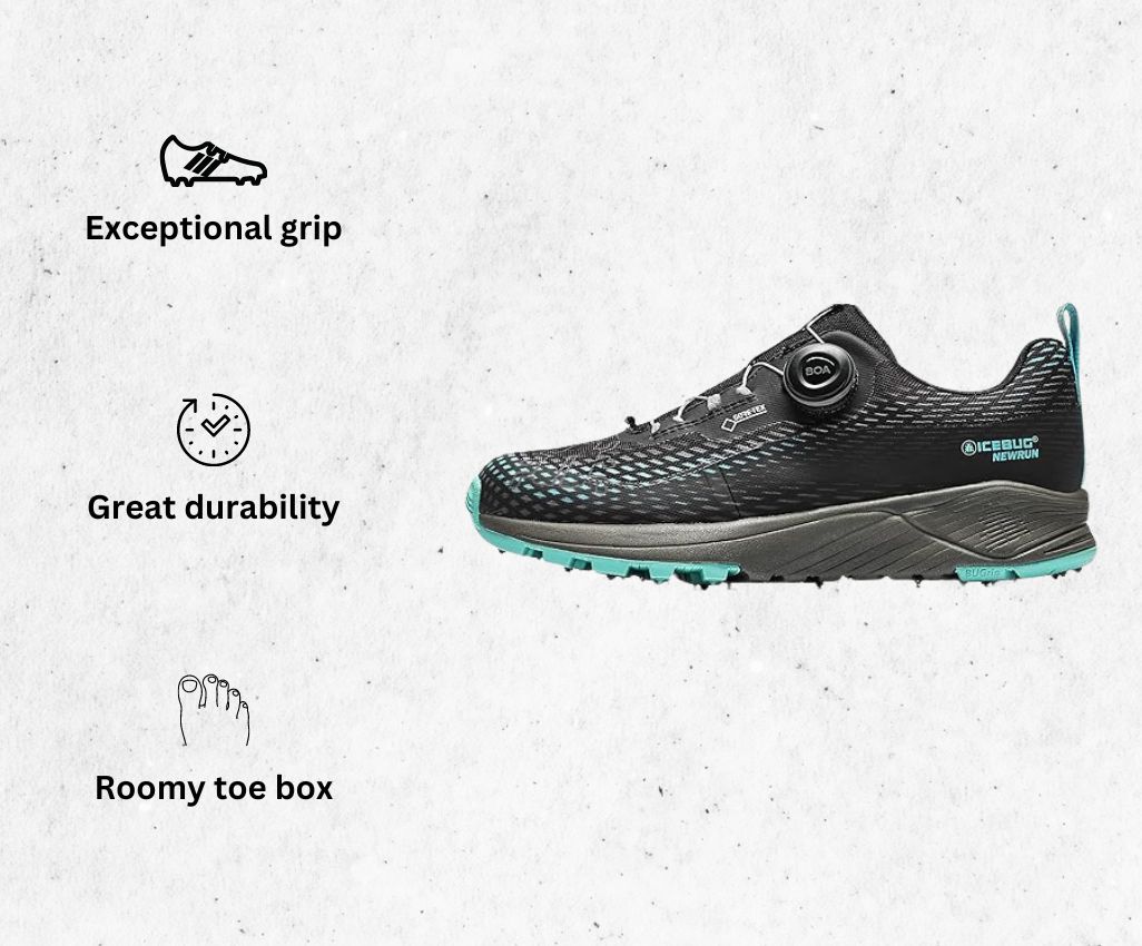 a product image of Icebug Womens NewRun BUGrip GTX Trail Running Shoe for mud runs alongside its main features