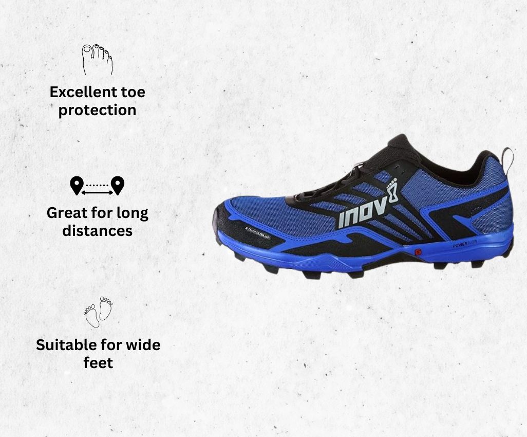 a product image of Inov-8 Womens X-Talon 260 Ultra Running Shoes for mud runs alongside its main features