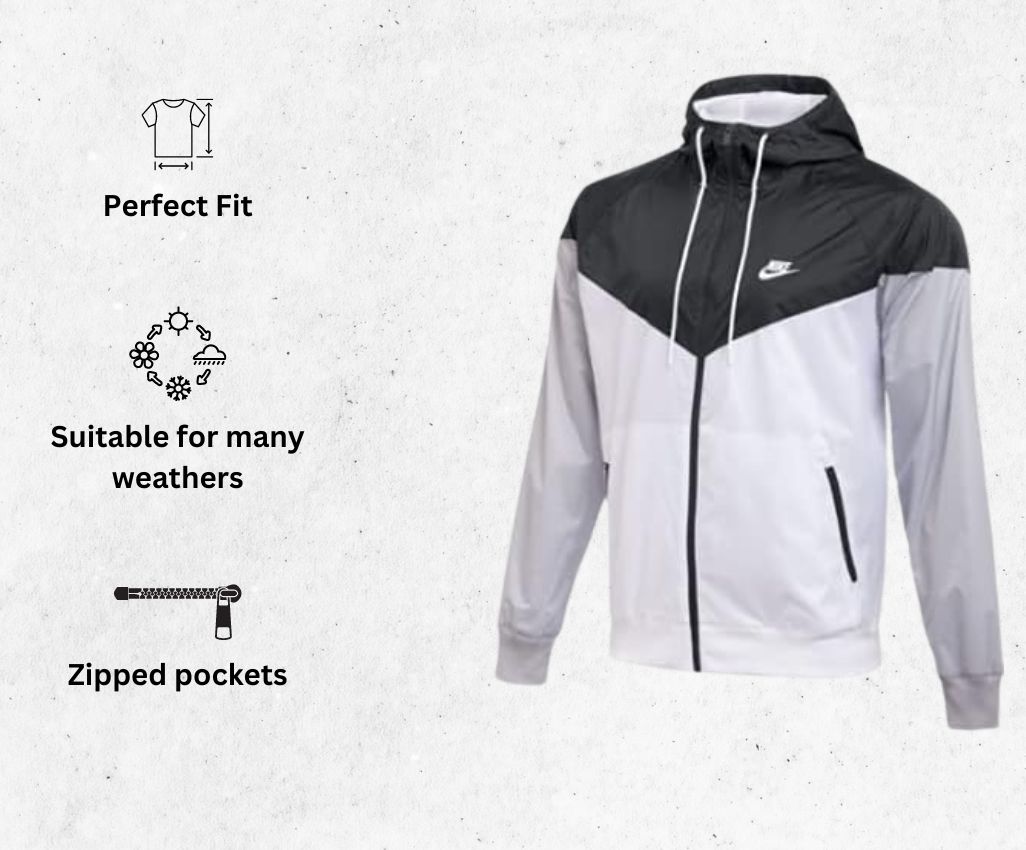 a product image of NIKE TEAM MEN'S WINDRUNNER lightweight running JACKET Hooded Windbreaker alongside its main features