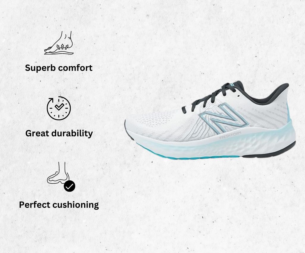 a product image of New Balance Women's Vongo V5 Running Shoe for bunions alongside its main features