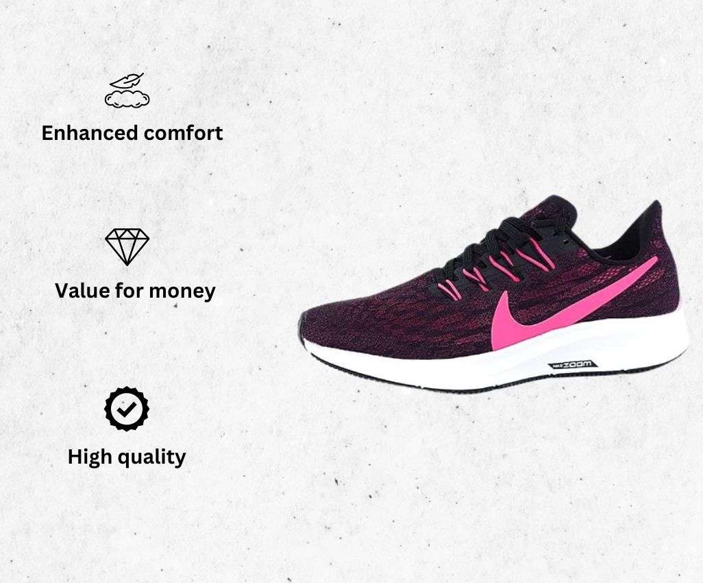 a product image of Nike womens Air Zoom Pegasus 36 Running shoes for narrow feet alongside its main features