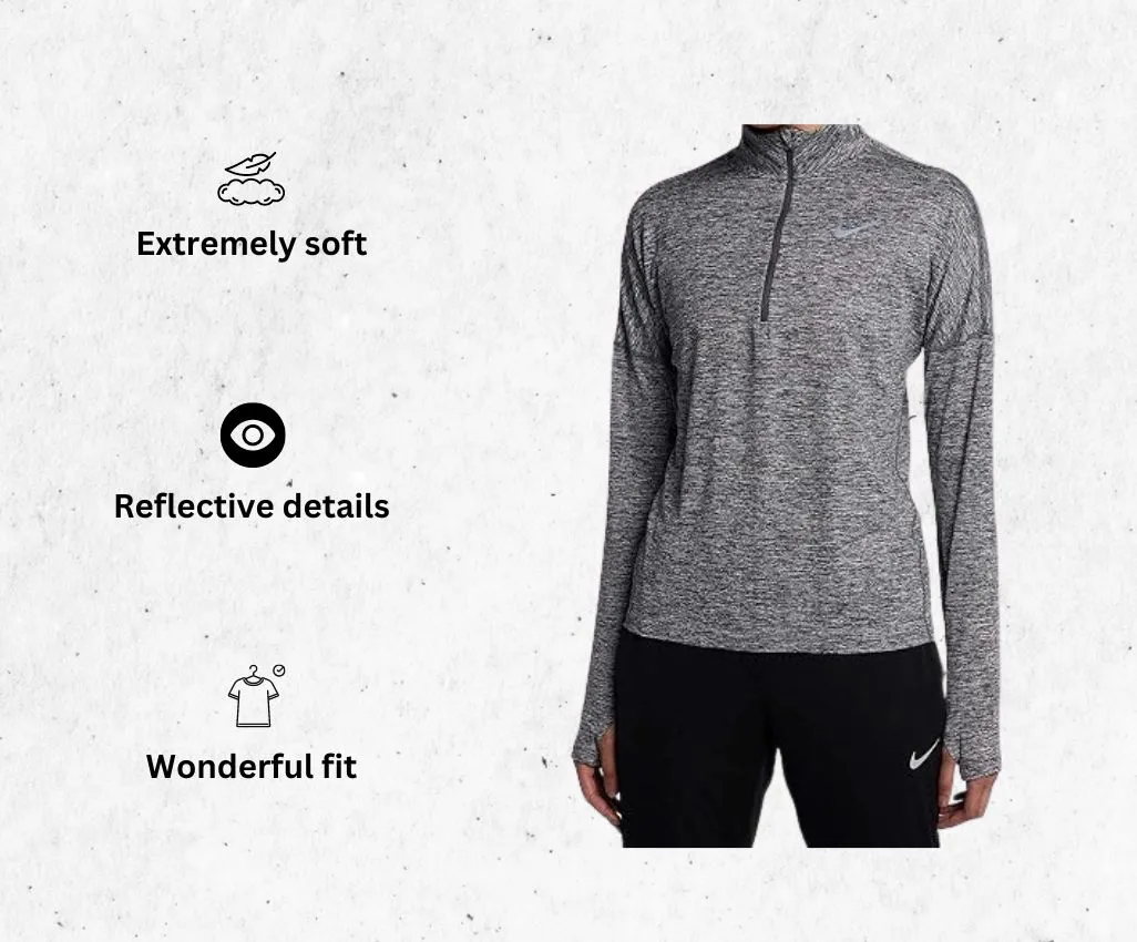 a product image of NIKE Womens Dry Element 1/2 Zip Running shirt for heavy sweaters alongside its main features