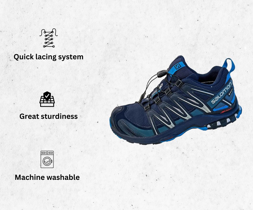 a product image of Salomon Men's Xa Pro 3D Gore-tex Trail Running for mud runs alongside its main features