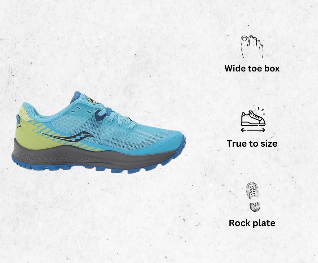 a product image of Saucony Women's Peregrine 11 Trail Running Shoe for mud runs alongside its main features