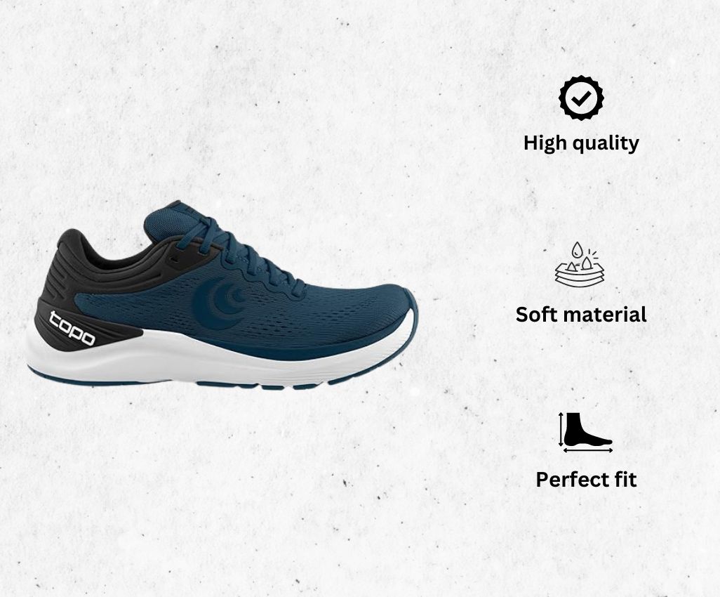 a product image of Topo Athletic Men's Ultrafly 4 Comfortable Lightweight 5MM Drop Road Running Shoes for morton's neuroma alongside its main features