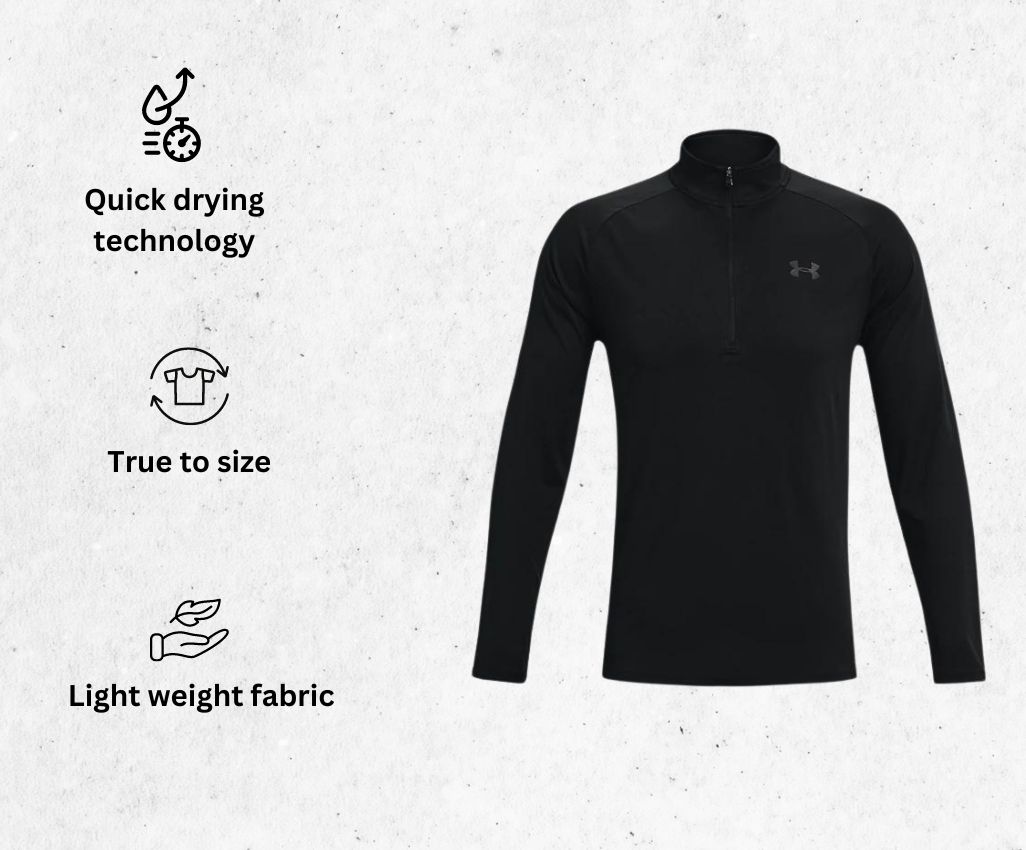 a product image of Under Armour Men's UA Tech™ ½ Zip Long Sleeve MD Black lightweight running jacket alongside its main features