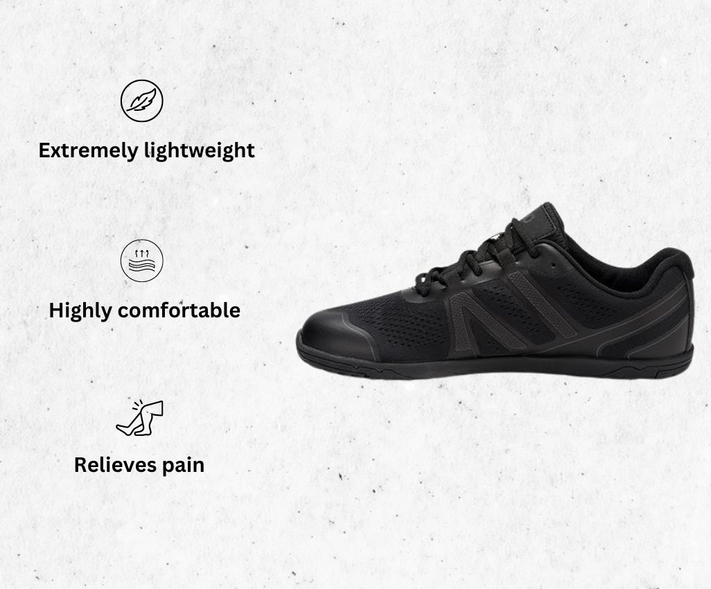 a product image of Xero Shoes Barefoot Running Shoes for Men- Running shoes for morton's neuroma alongside its main features