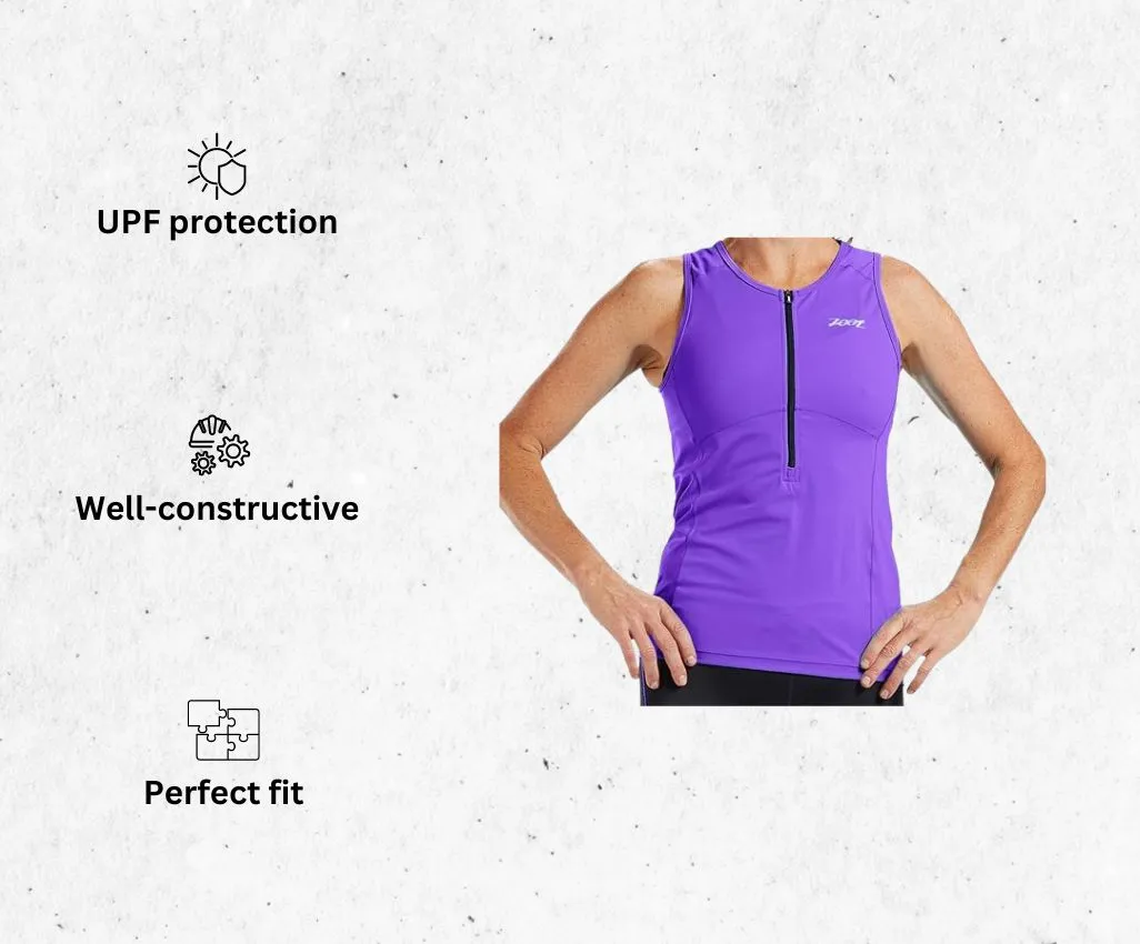 a product image of Zoot Women's Core Tri Tank, Performance Triathlon Race Tank Top running shirt for heavy sweaters alongside its main features