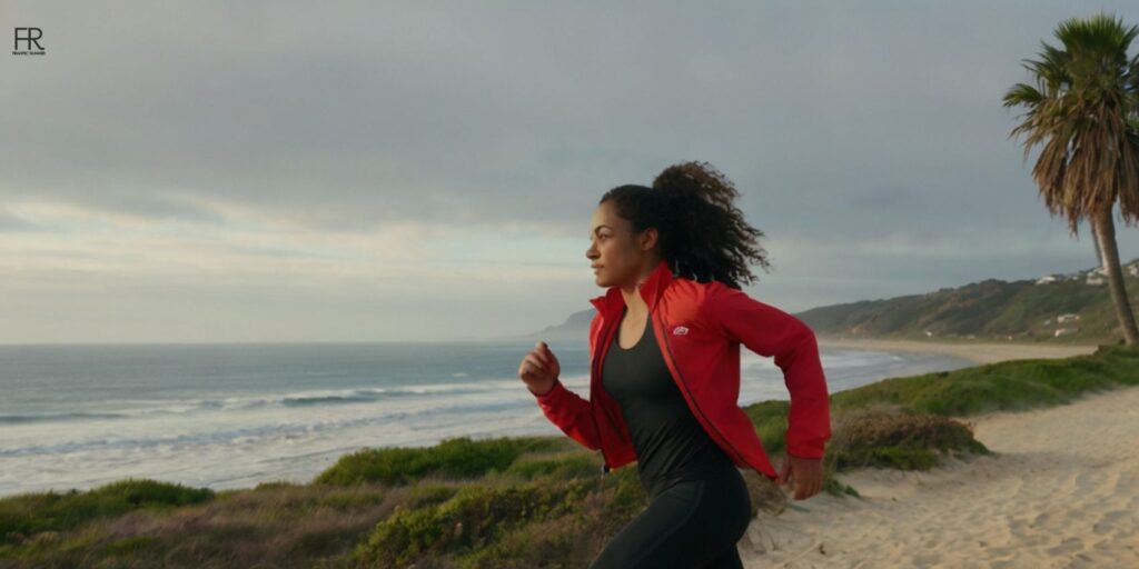 a woman wearing red colored lightweight running jacket & running on the beach side